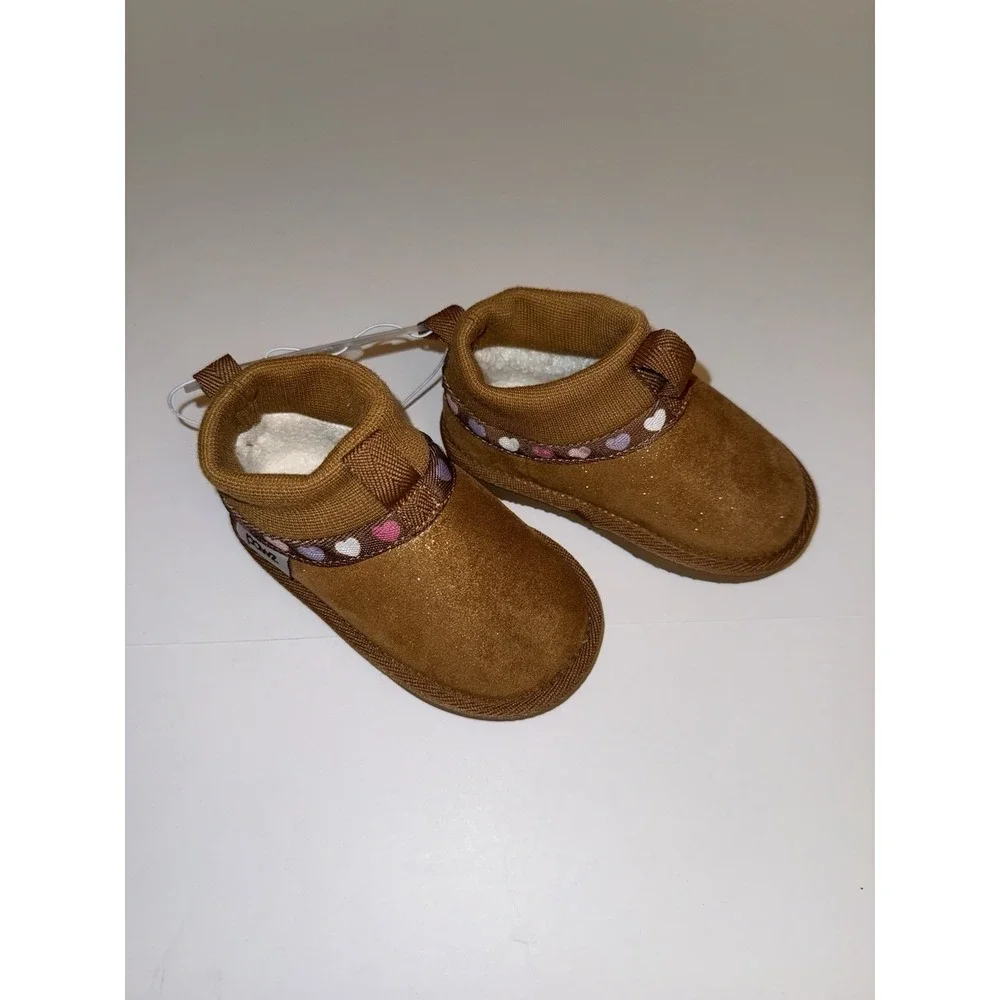 Pawz Baby Boots 5 Brown Sherpa Lined Cozy Slip On Heart Winter Snow Girls NWT